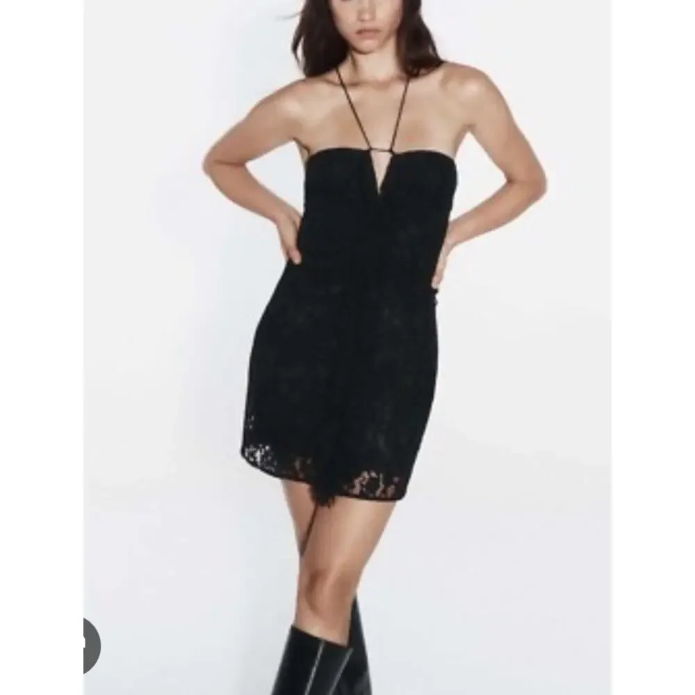 Zara Womens Lace Mini Dress Draped XS Black Ruffled Floral 8200/998 NWT - Picture 2 of 7